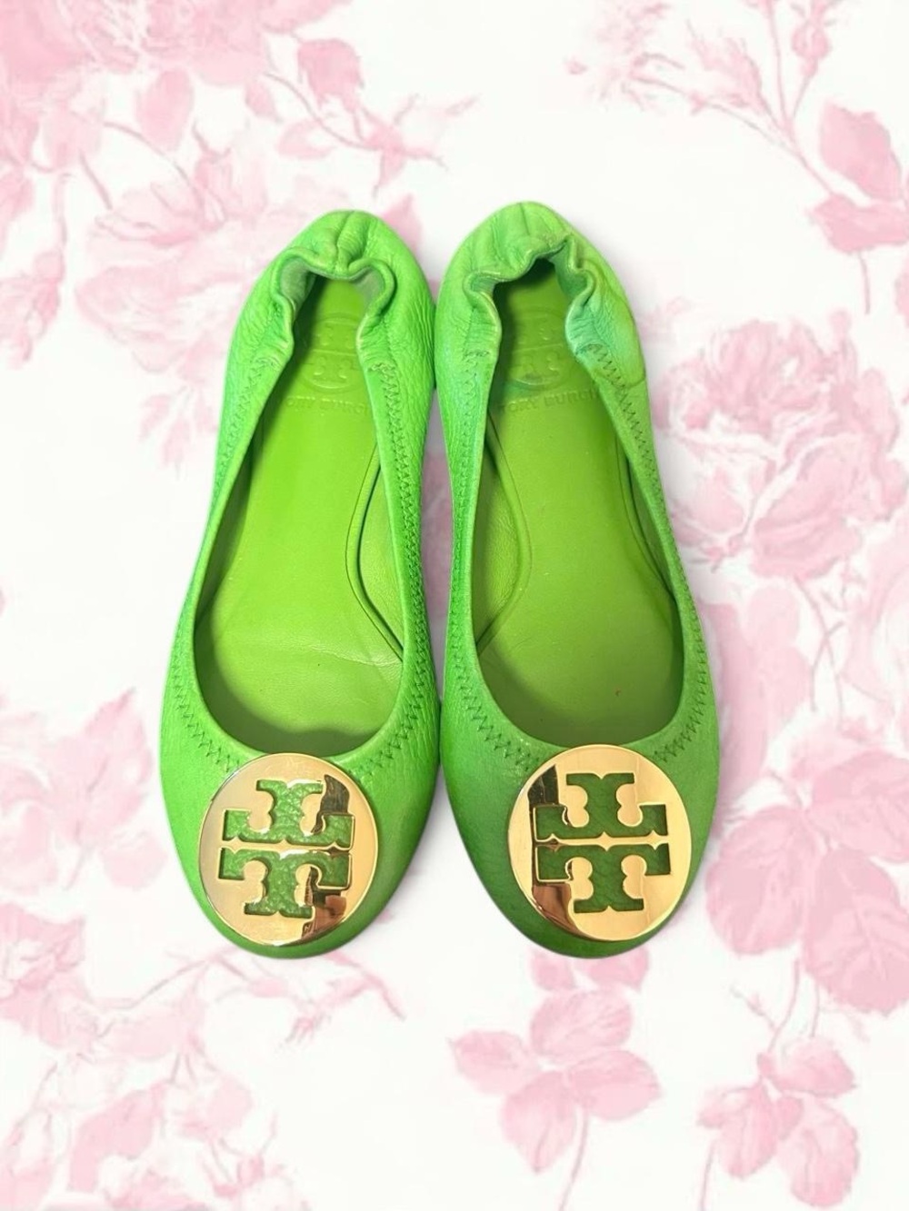 Tory Burch Neon Green Leather Logo Ballet Flats